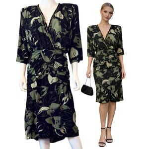 Vtg 80s Floral Midi Dress Black Green Gold Size 12 Barbara Barbara Disco Glam